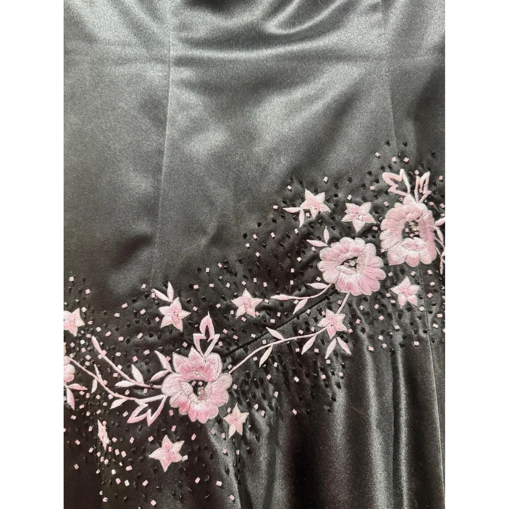Morgan and Co Black Satin Strapless High Low Floral Embroidered Prom Dress 3/4 - Picture 2 of 4